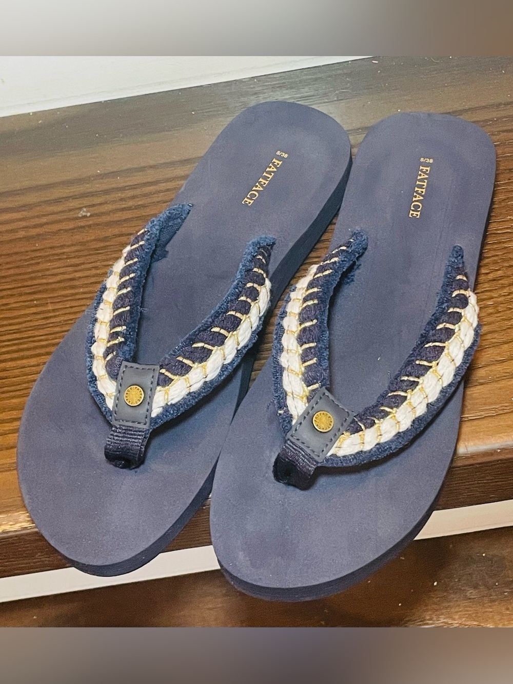 Fat Face Navy Braided Thong Sandals with Cream & Gold Accents